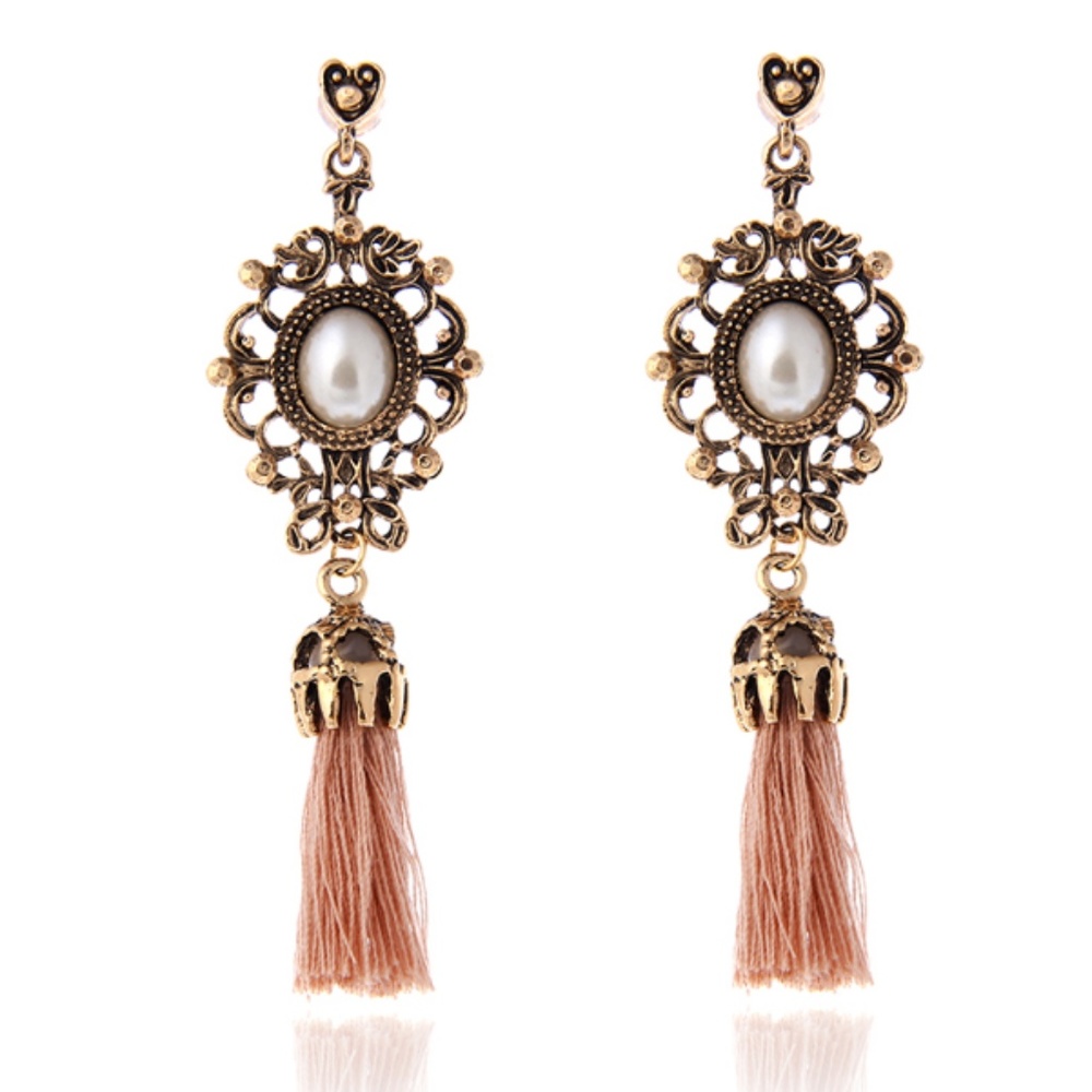 Vintage Rose Tassel Earrings with Pearl Detail NWT